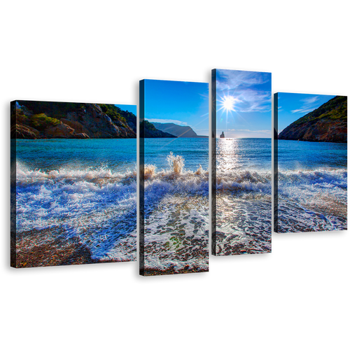 Ibiza Beach Wall Art, Blue White Sky Sunset Island Canvas Set, Cala Benirrás Beach Ocean Mountain 4 Piece Canvas Set