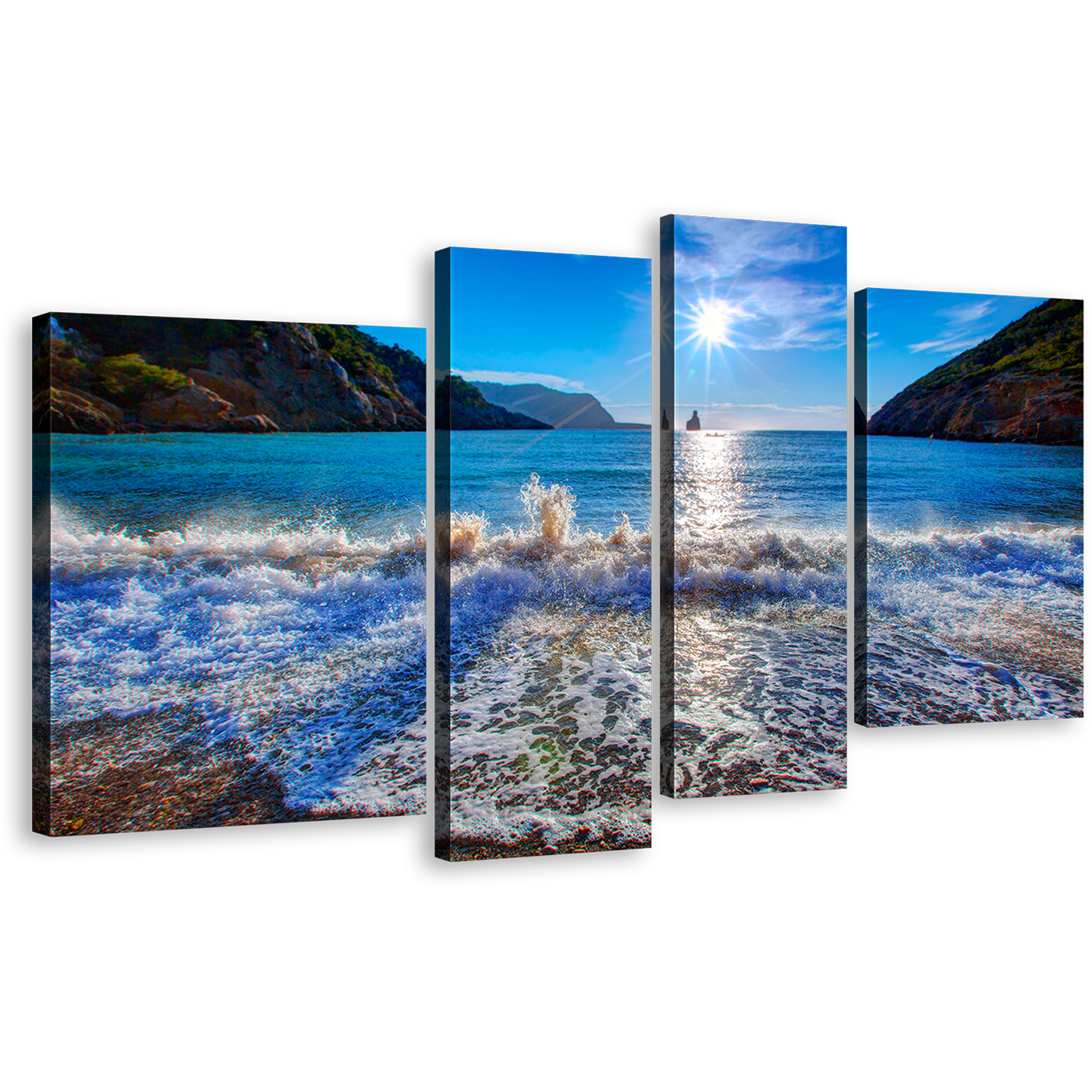 Ibiza Beach Wall Art, Blue White Sky Sunset Island Canvas Set, Cala Benirrás Beach Ocean Mountain 4 Piece Canvas Set