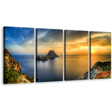 Load image into Gallery viewer, Ibiza Island Canvas Wall Art, Es Vedra 4 Piece Canvas Print, Yellow Sunset Ocean Mountain Multi Canvas, Blue Sky Sea Canvas Set
