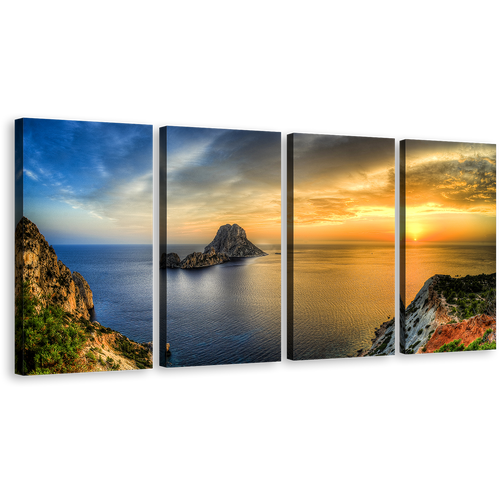 Ibiza Island Canvas Wall Art, Es Vedra 4 Piece Canvas Print, Yellow Sunset Ocean Mountain Multi Canvas, Blue Sky Sea Canvas Set