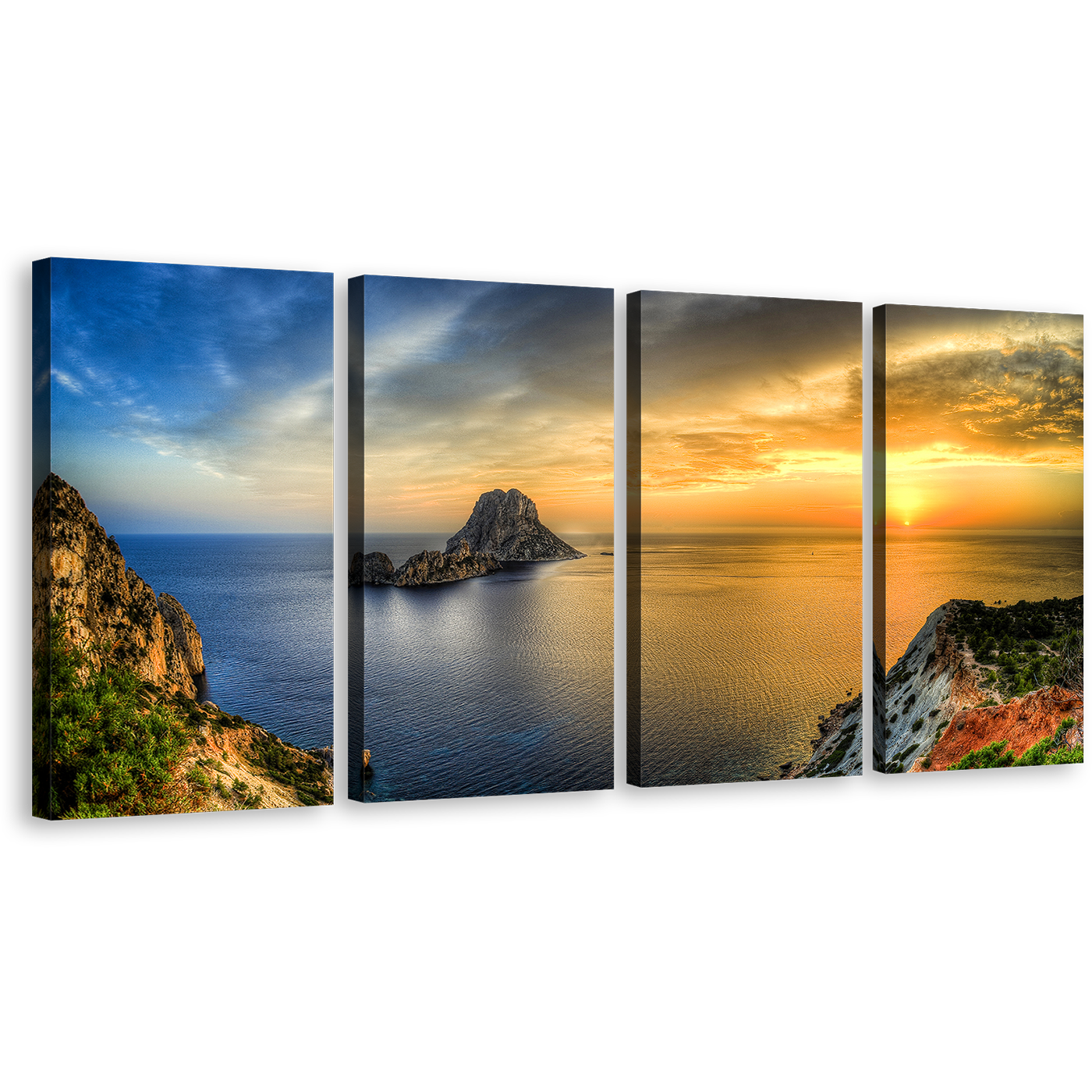 Ibiza Island Canvas Wall Art, Es Vedra 4 Piece Canvas Print, Yellow Sunset Ocean Mountain Multi Canvas, Blue Sky Sea Canvas Set