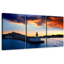 Load image into Gallery viewer, Ibiza Lighthouse Canvas Wall Art, Balearics Island Harbor At Yellow Sunset 3 Piece Canvas Set, Blue Light Beacon Twilight Triptych Canvas Print
