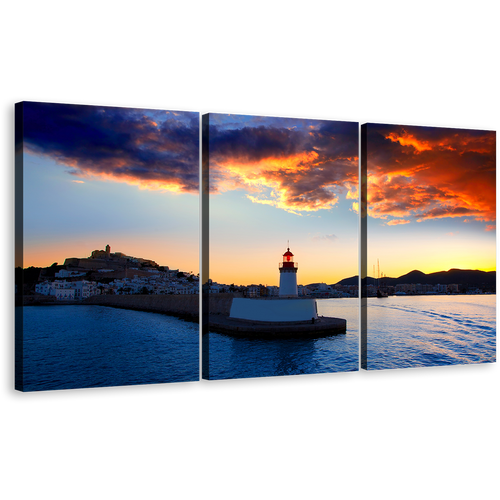 Ibiza Lighthouse Canvas Wall Art, Balearics Island Harbor At Yellow Sunset 3 Piece Canvas Set, Blue Light Beacon Twilight Triptych Canvas Print