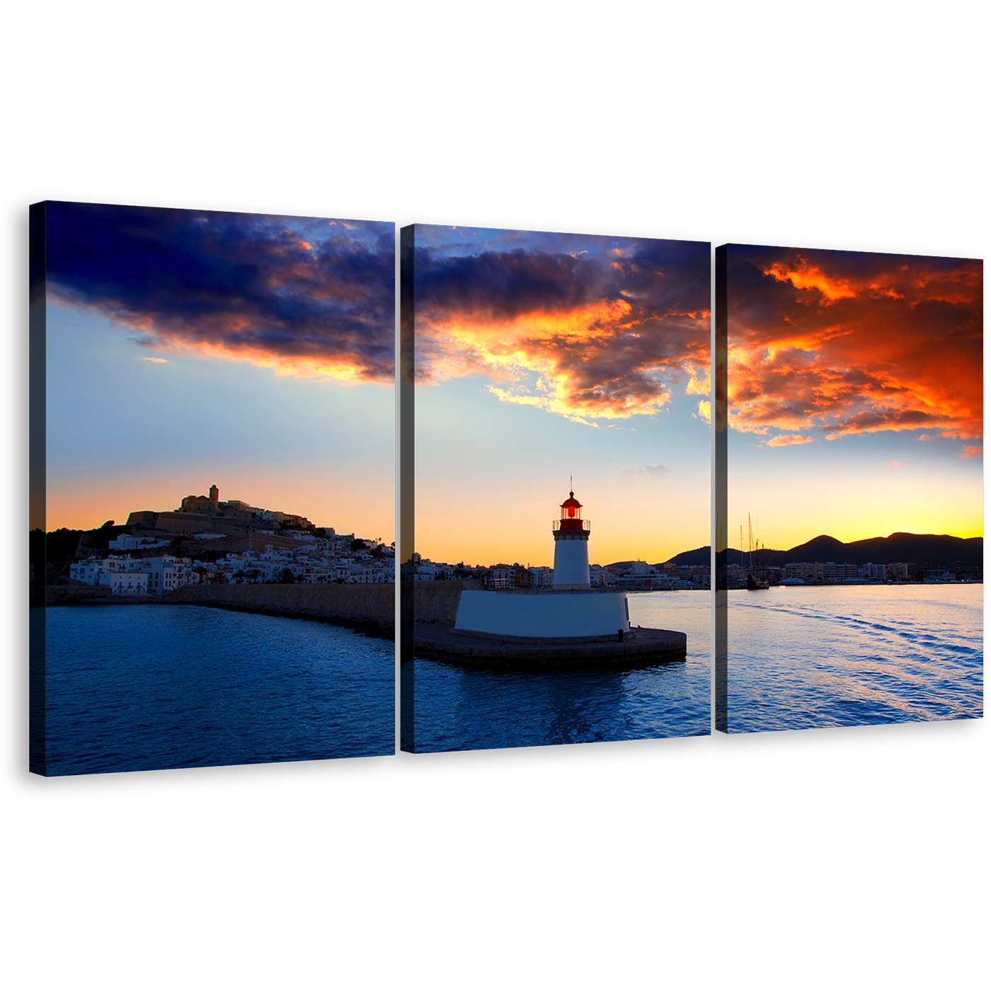 Ibiza Lighthouse Canvas Wall Art, Balearics Island Harbor At Yellow Sunset 3 Piece Canvas Set, Blue Light Beacon Twilight Triptych Canvas Print