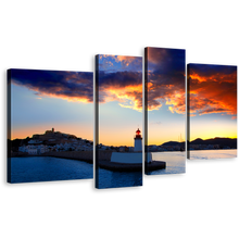 Load image into Gallery viewer, Ibiza Lighthouse Canvas Wall Art, Balearics Island Harbor At Yellow Sunset 4 Piece Canvas, Blue Light Beacon Twilight Canvas Print
