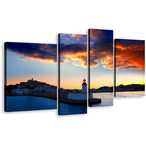 Ibiza Lighthouse Canvas Wall Art, Balearics Island Harbor At Yellow Sunset 4 Piece Canvas, Blue Light Beacon Twilight Canvas Print