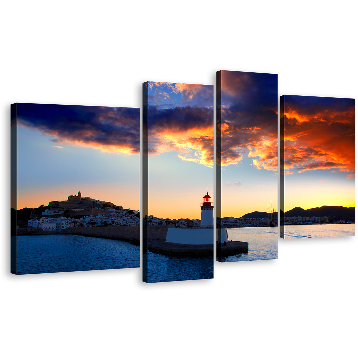 Ibiza Lighthouse Canvas Wall Art, Balearics Island Harbor At Yellow Sunset 4 Piece Canvas, Blue Light Beacon Twilight Canvas Print