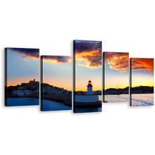 Load image into Gallery viewer, Ibiza Lighthouse Canvas Wall Art, Blue Light Beacon Twilight 5 Piece Canvas Print, Balearics Island Harbor At Yellow Sunset Canvas Set
