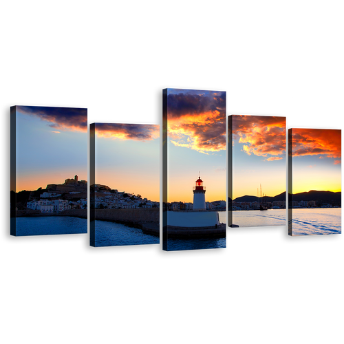 Ibiza Lighthouse Canvas Wall Art, Blue Light Beacon Twilight 5 Piece Canvas Print, Balearics Island Harbor At Yellow Sunset Canvas Set