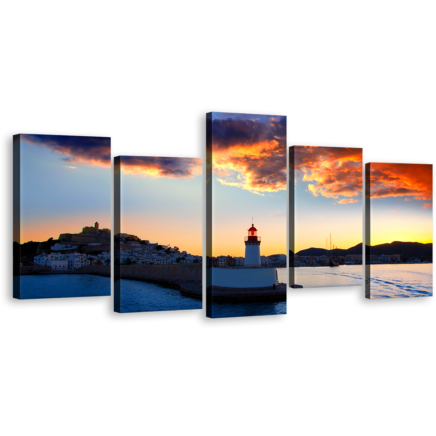 Ibiza Lighthouse Canvas Wall Art, Blue Light Beacon Twilight 5 Piece Canvas Print, Balearics Island Harbor At Yellow Sunset Canvas Set