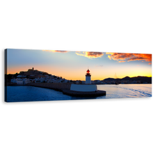 Load image into Gallery viewer, Ibiza Lighthouse Canvas Wall Art, Blue Light Beacon Twilight Panoramic Canvas Print, Balearics Island Harbor At Yellow Sunset Wide Canvas
