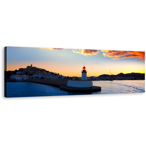 Ibiza Lighthouse Canvas Wall Art, Blue Light Beacon Twilight Panoramic Canvas Print, Balearics Island Harbor At Yellow Sunset Wide Canvas