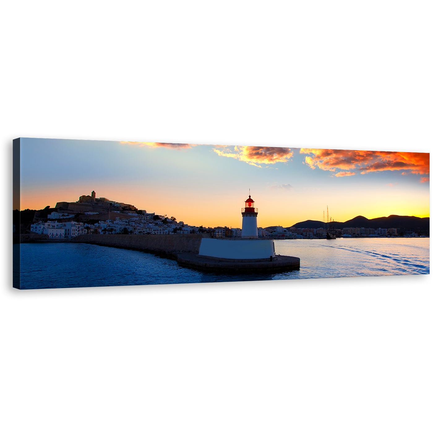 Ibiza Lighthouse Canvas Wall Art, Blue Light Beacon Twilight Panoramic Canvas Print, Balearics Island Harbor At Yellow Sunset Wide Canvas