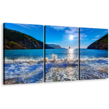 Load image into Gallery viewer, Ibiza Ocean Wall Art, Cala Benirrás Ocean Mountain Triptych Canvas Set, White Blue Sky Island Cala Benirrás Beach Canvas Print
