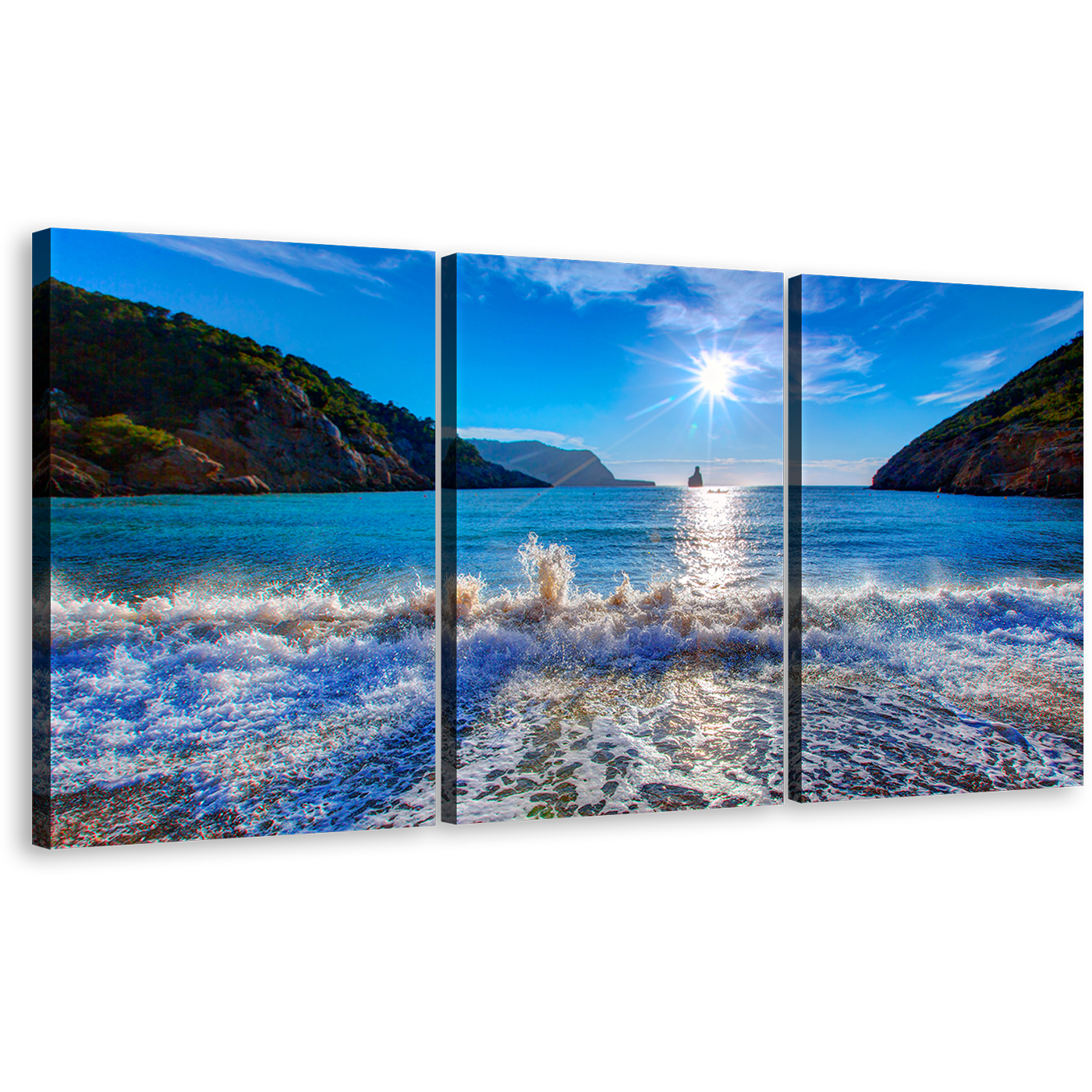 Ibiza Ocean Wall Art, Cala Benirrás Ocean Mountain Triptych Canvas Set, White Blue Sky Island Cala Benirrás Beach Canvas Print