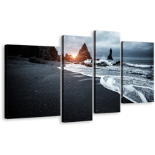 Load image into Gallery viewer, Iceland Ocean Canvas Print, Beach Scenic 4 Piece Canvas Wall Art, Grey Black Reynisfjara Beach Canvas Print
