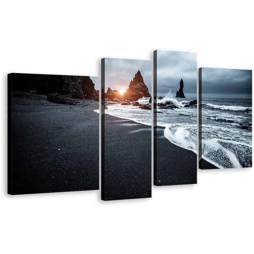 Iceland Ocean Canvas Print, Beach Scenic 4 Piece Canvas Wall Art, Grey Black Reynisfjara Beach Canvas Print