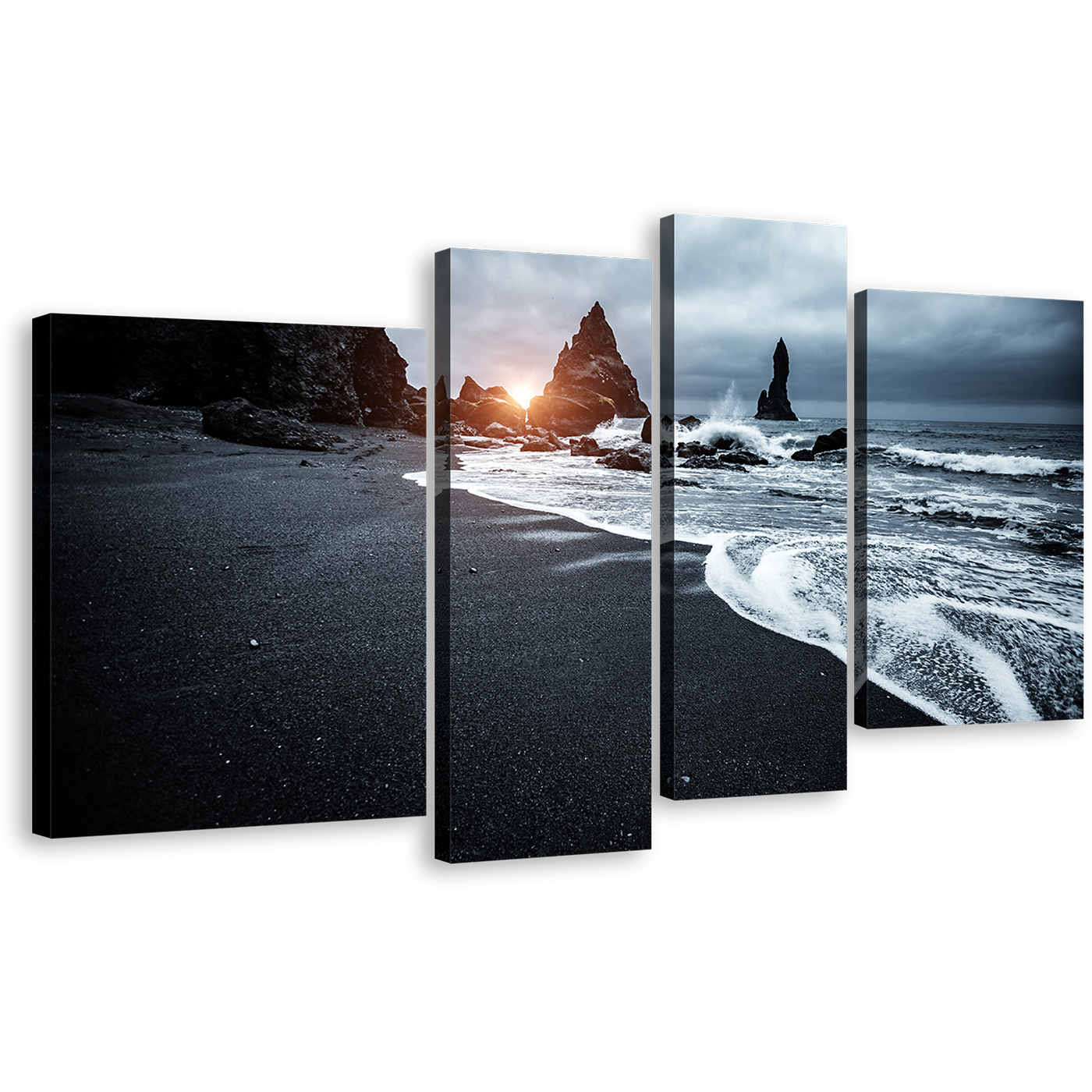 Iceland Ocean Canvas Print, Beach Scenic 4 Piece Canvas Wall Art, Grey Black Reynisfjara Beach Canvas Print