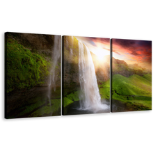 Load image into Gallery viewer, Iceland Scenery Canvas Wall Art, Waterfall Yellow Sunset Landscape Canvas Print, White Seljalandsfoss Waterfalls 3 Piece Multi Canvas Artwork
