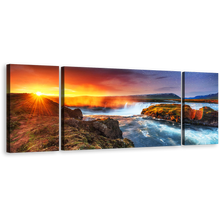 Load image into Gallery viewer, Iceland Waterfall Canvas Wall Art, White Hodafoss Waterfall 3 Piece Canvas Print, Yellow Sunrise Starry Sky Triptych Canvas Set
