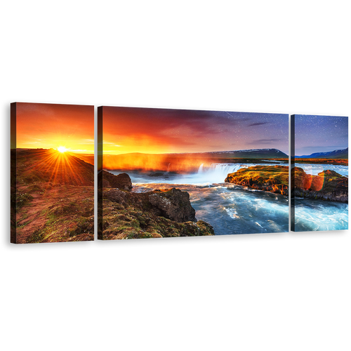 Iceland Waterfall Canvas Wall Art, White Hodafoss Waterfall 3 Piece Canvas Print, Yellow Sunrise Starry Sky Triptych Canvas Set