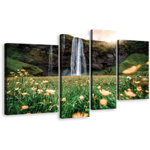 Load image into Gallery viewer, Iceland Waterfall Canvas Wall Art, Yellow Sunset Waterfall Scenery 4 Piece Multiple Canvas, Seljalandsfoss falls Green Nature Canvas Print
