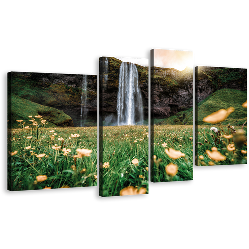 Iceland Waterfall Canvas Wall Art, Yellow Sunset Waterfall Scenery 4 Piece Multiple Canvas, Seljalandsfoss falls Green Nature Canvas Print