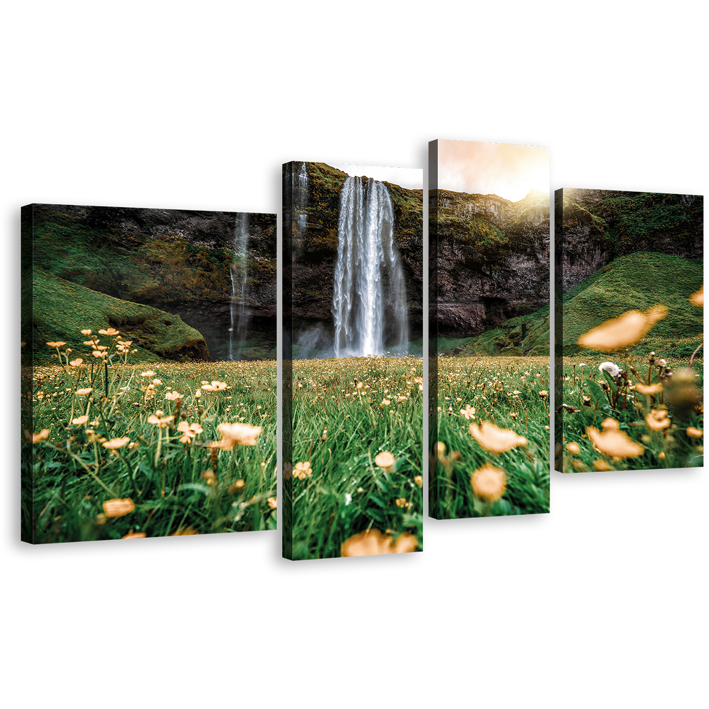 Iceland Waterfall Canvas Wall Art, Yellow Sunset Waterfall Scenery 4 Piece Multiple Canvas, Seljalandsfoss falls Green Nature Canvas Print