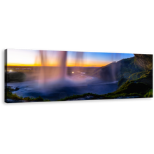 Load image into Gallery viewer, Iceland Waterfall Canvas Wall Art, Yellow Sunset Waterfall Scenery Canvas Artwork, Blue Sky Seljalandsfoss Waterfall Panoramic Canvas Print
