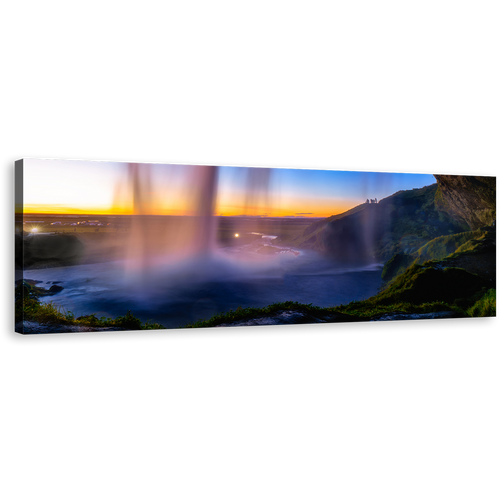 Iceland Waterfall Canvas Wall Art, Yellow Sunset Waterfall Scenery Canvas Artwork, Blue Sky Seljalandsfoss Waterfall Panoramic Canvas Print