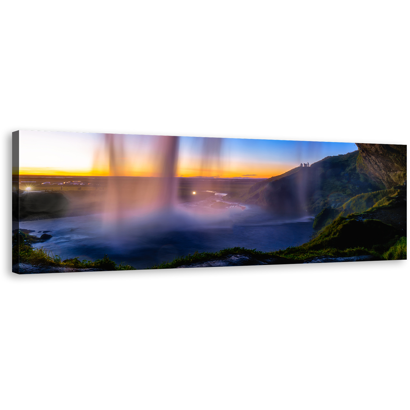 Iceland Waterfall Canvas Wall Art, Yellow Sunset Waterfall Scenery Canvas Artwork, Blue Sky Seljalandsfoss Waterfall Panoramic Canvas Print