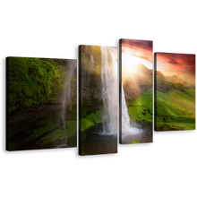 Load image into Gallery viewer, Iceland Waterfalls Canvas Wall Art, White Seljalandsfoss Waterfalls 4 Piece Canvas Print, Green Iceland Scenery Multiple Canvas, Yellow Sunset Landscape Canvas Set
