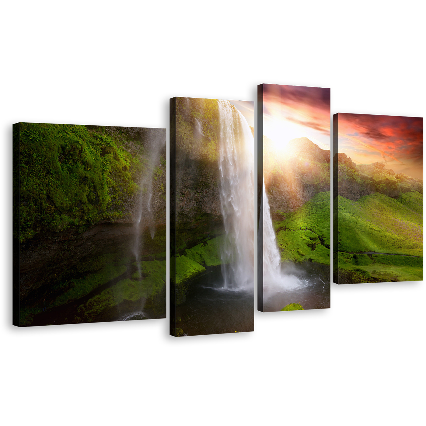 Iceland Waterfalls Canvas Wall Art, White Seljalandsfoss Waterfalls 4 Piece Canvas Print, Green Iceland Scenery Multiple Canvas, Yellow Sunset Landscape Canvas Set