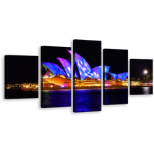 Load image into Gallery viewer, Illuminated Sky Canvas Print, Sydney Blue Opera House Canvas Set, Black Sky City 5 Piece Wall Art
