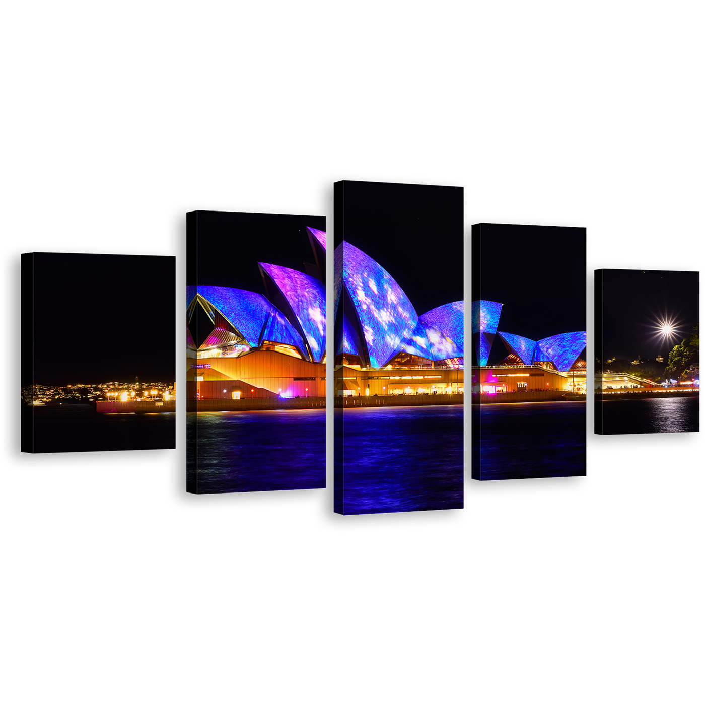 Illuminated Sky Canvas Print, Sydney Blue Opera House Canvas Set, Black Sky City 5 Piece Wall Art