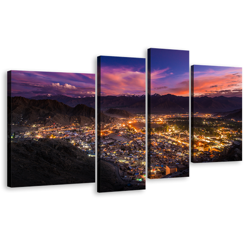 India Ladakh Canvas Wall Art, Dramatic Blue Sky Mountains 4 Piece Canvas Set, Yellow Leh Ladakh City Canvas Print