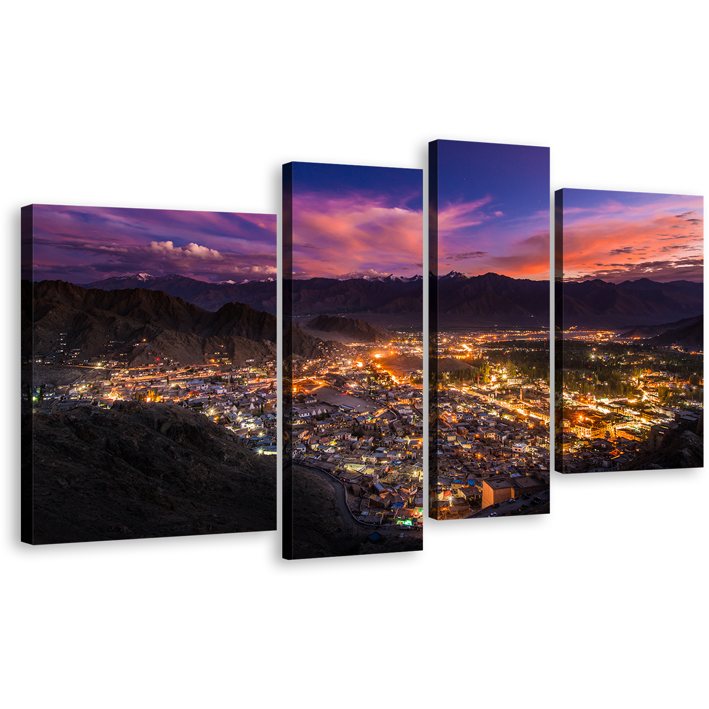 India Ladakh Canvas Wall Art, Dramatic Blue Sky Mountains 4 Piece Canvas Set, Yellow Leh Ladakh City Canvas Print