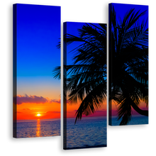 Load image into Gallery viewer, Indian Ocean Canvas Print, Maldives Evening Orange Sunset Palm Trees 3 Piece Canvas Multi-panel Print, Blue Ocean Sky Triptych Canvas Set
