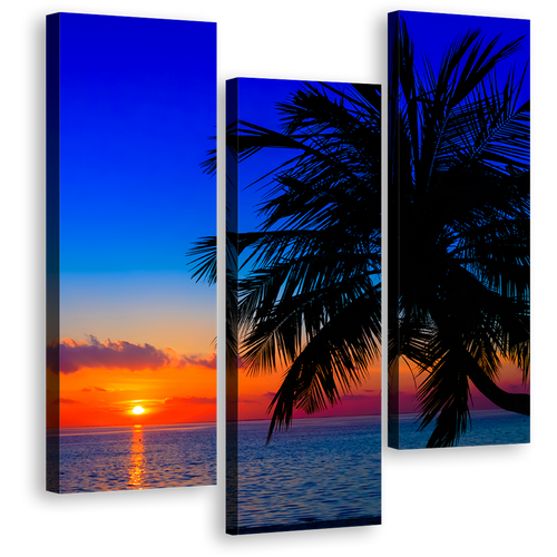 Indian Ocean Canvas Print, Maldives Evening Orange Sunset Palm Trees 3 Piece Canvas Multi-panel Print, Blue Ocean Sky Triptych Canvas Set