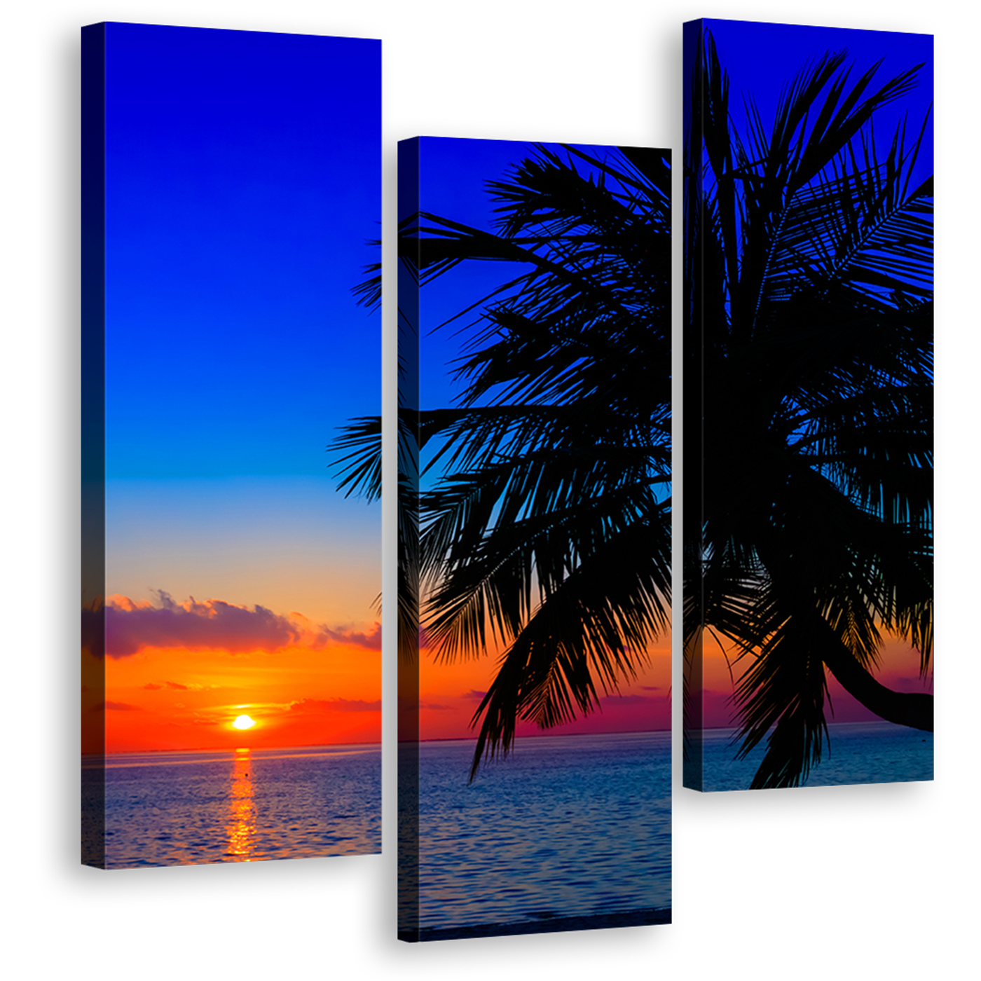 Indian Ocean Canvas Print, Maldives Evening Orange Sunset Palm Trees 3 Piece Canvas Multi-panel Print, Blue Ocean Sky Triptych Canvas Set