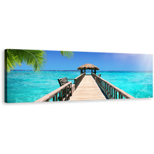 Load image into Gallery viewer, Indian Ocean Wall Art, Blue Sky Maldives Pier Seascape Canvas Art, Hut of White Maldives Beach Panoramic Canvas Print
