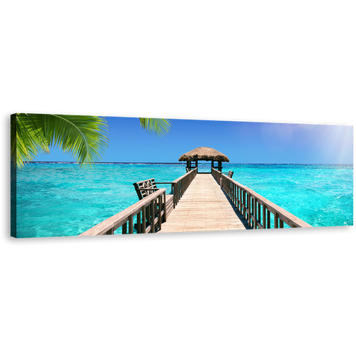 Indian Ocean Wall Art, Blue Sky Maldives Pier Seascape Canvas Art, Hut of White Maldives Beach Panoramic Canvas Print