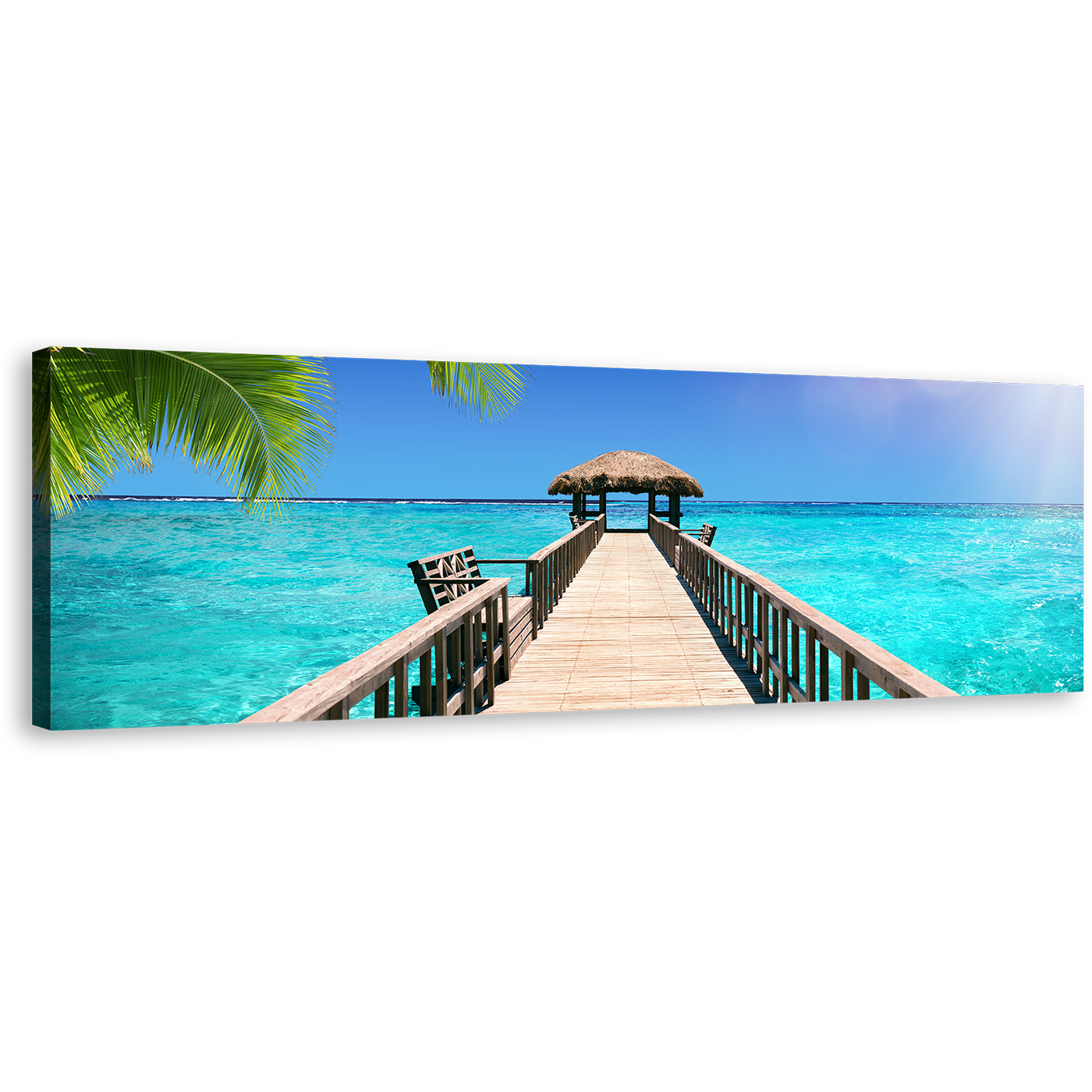 Indian Ocean Wall Art, Blue Sky Maldives Pier Seascape Canvas Art, Hut of White Maldives Beach Panoramic Canvas Print