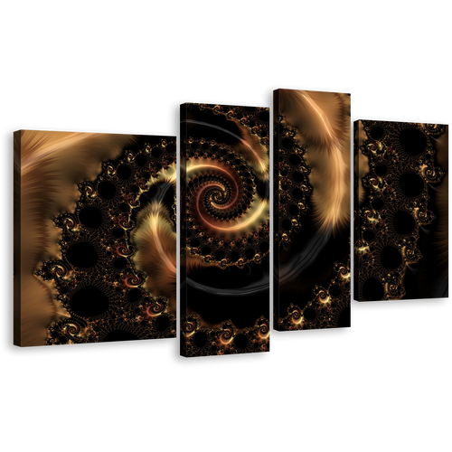 Infinity Swirl Canvas Wall Art, Brown Elegant Abstract Art Print, Black Abstract Fractal 4 Piece Multi Canvas