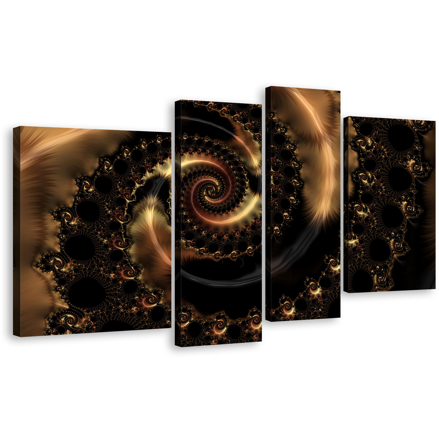 Infinity Swirl Canvas Wall Art, Brown Elegant Abstract Art Print, Black Abstract Fractal 4 Piece Multi Canvas