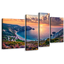 Load image into Gallery viewer, Ionian Islands Canvas Print, Greece Yellow Sunset Cephalonia Island 4 Piece Canvas Wall Art, Colorful Ionian Island Multi Canvas Artwork
