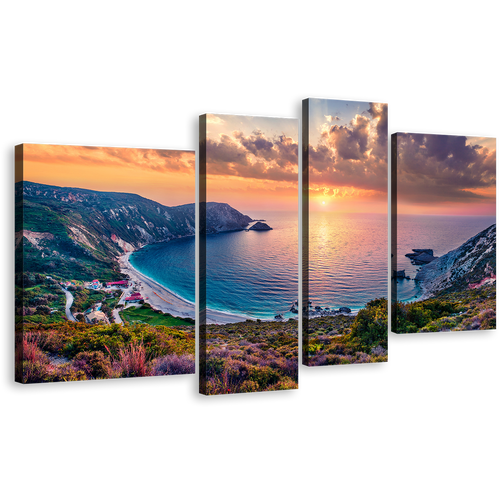 Ionian Islands Canvas Print, Greece Yellow Sunset Cephalonia Island 4 Piece Canvas Wall Art, Colorful Ionian Island Multi Canvas Artwork