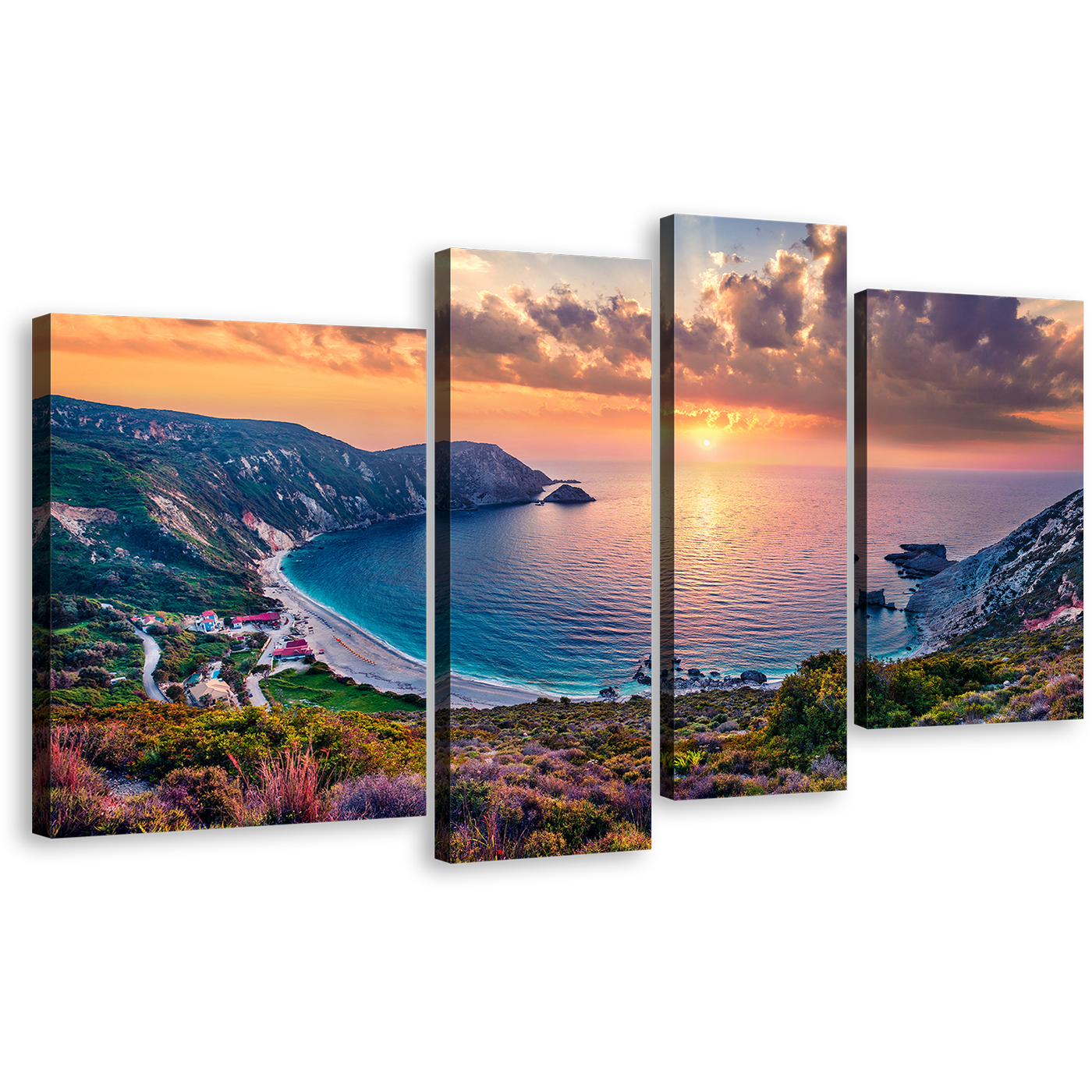 Ionian Islands Canvas Print, Greece Yellow Sunset Cephalonia Island 4 Piece Canvas Wall Art, Colorful Ionian Island Multi Canvas Artwork