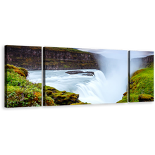 Load image into Gallery viewer, Ionic Waterfalls Canvas Wall Art, Green Waterfall Landscape Golden Falls 3 Piece Canvas Print, White River in Iceland Europe Multiple Canvas
