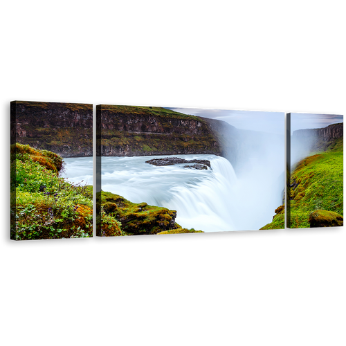 Ionic Waterfalls Canvas Wall Art, Green Waterfall Landscape Golden Falls 3 Piece Canvas Print, White River in Iceland Europe Multiple Canvas